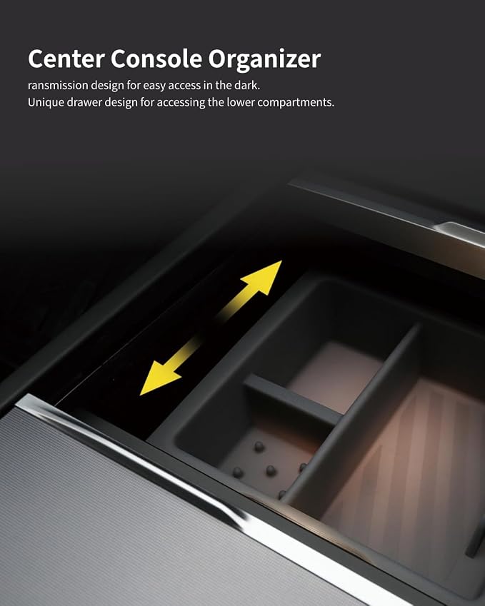 JOWUA Center Console Set Compatible for Tesla New Model Y Juniper 2025+ Include Light Transmission Center Console Organizer, 2PCS Cup Coater, Center Console Silicone Mat