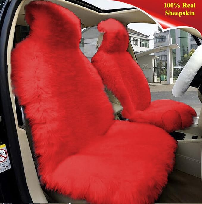 Winter Warm Authentic Australia Sheepskin Car Seat Cover Luxury Long Wool Front Seat Cover Fits Most Car, Truck, SUV, or Van (Red)