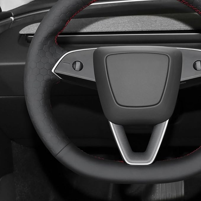 MEWANT Black Smooth Embossed Faux Leather Steering Wheel Cover for Tesla Model 3 Highland 2025 Model Y Juniper 2025