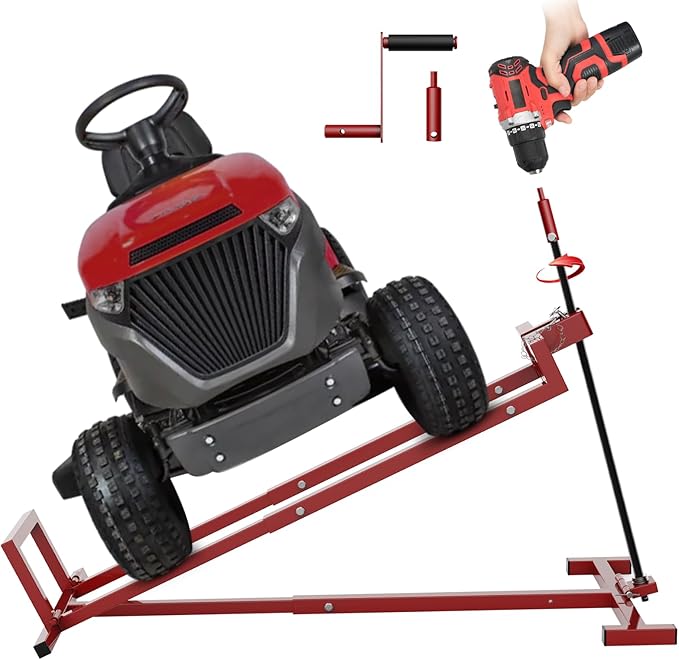 Lawn Mower Lift Jack, Telescopic Maintenance Jack for Riding Lawn Mowers, Zero Turn Mowers and Garden Tractors, Foldable Easy Lift with Crank Handle and Power Tool Handle, 880 Lbs Weight Capacity