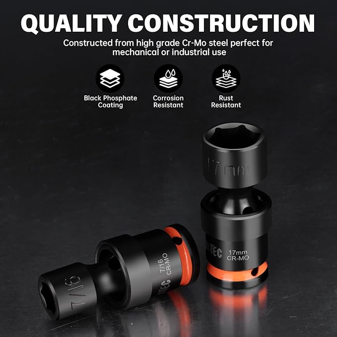 14-Piece 3/8" Drive Shallow Impact Universal Joint Swivel Socket Set, Metric(10-19mm) & SAE(3/8-3/4), Flexible Wobble, CR-MO Steel, with Heavy-Duty Storage Case
