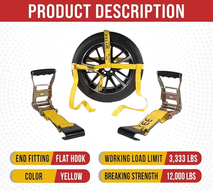 Mytee Products 2" x 120" Yellow Side Mount Wheel Tie Down Strap with Flat Hook & Dual Ratchet – 3,333 lbs WLL Wheel Net Fits 14–17" Tires, Heavy Duty Vehicle Tie Down Strap for Car Hauling