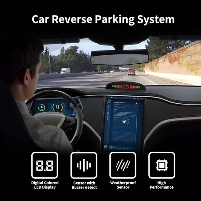 EKYLIN Cordless Parking Sensor, Reverse Sensor System with 4 Car Backup Sensors, LED Distance Display with Sound Warning + 4 Black Parking Sensors for Cars, Vans, RVs, and Trailers