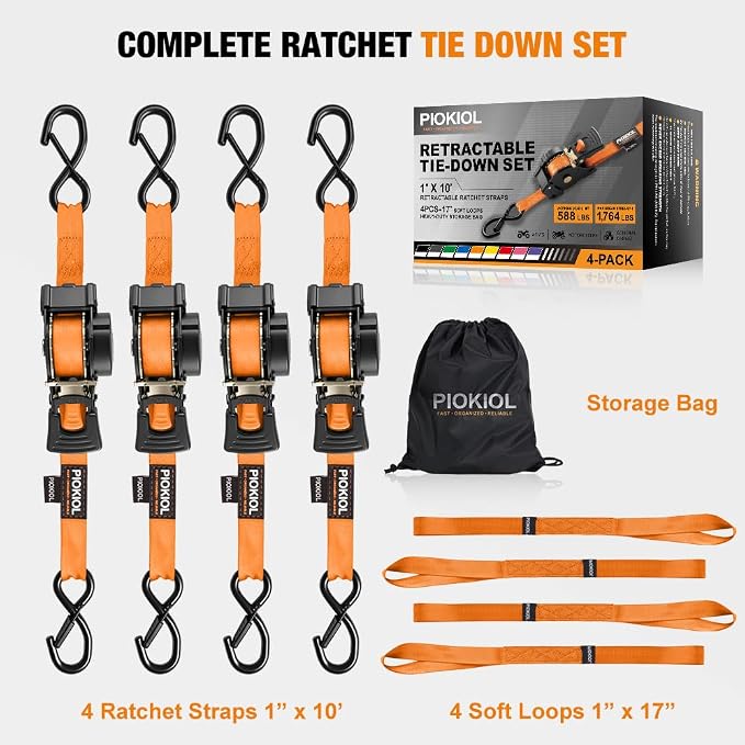 Retractable Ratchet Straps (4-Pack) - 1 Inch x 10 Feet (1,764lb Break Strength) - Heavy Duty Auto Self Retracting Tie Down Straps for Truck, Cargo Trailer, Motorcycle, ATV, UTV – Orange
