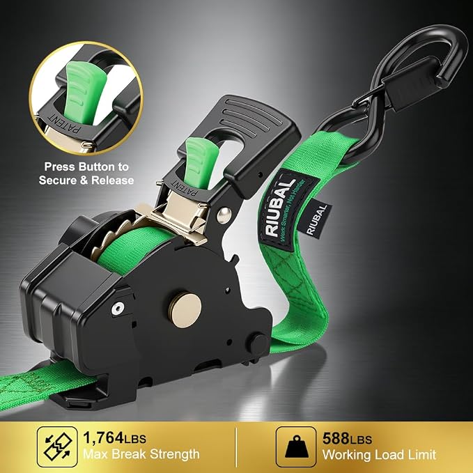 Retractable Ratchet Straps (4-Pack) - 1 Inch x 10 Feet (1,764lb Break Strength) - Auto Self Retracting Tie Down Straps Heavy Duty for Motorcycle, ATV, UTV, Truck, Cargo Trailer – Green