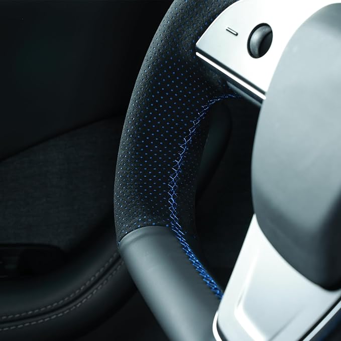 MEWANT DIY Black Genuine Leather Mesh Athsuede Blue Layer Steering Wheel Cover for Tesla Models Yoke 2021 Model X 2021