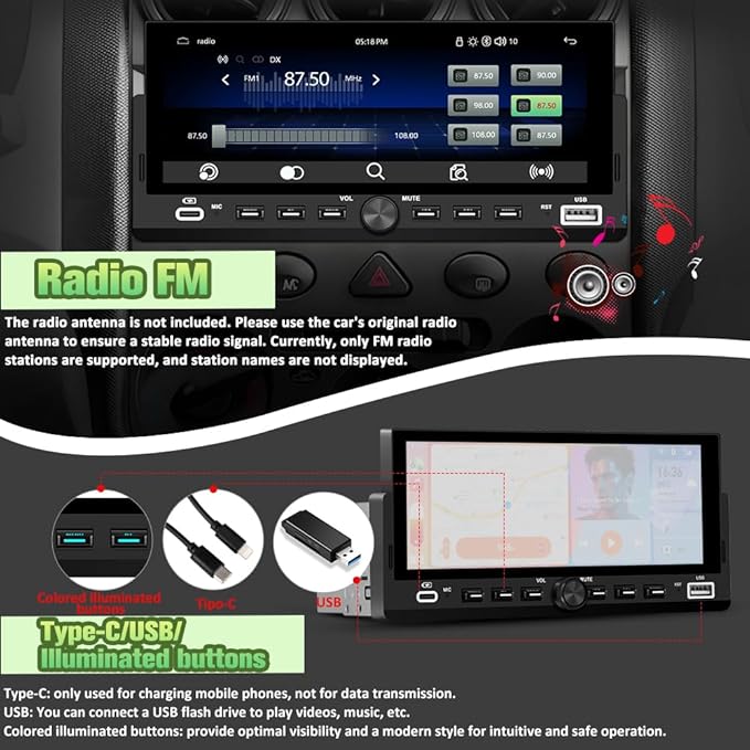 Universal Single Din Car Stereo with Wireless CarPlay & Android Auto, 6.86" IPS Touch Screen Head Unit with Backup Camera/External Microphone, Car Radio Supports Bluetooth/SWC/FM/USB