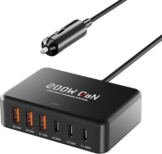 USB C Car Charger, 200W GaN 6-Port USB C Car Charger for MacBook Pro/Air, Dell/Lenovo Laptop, PD3.0/PPS for iPhone 17/16/15 Series, iPad, Samsung Galaxy S25 Ultra / S24 Series and More