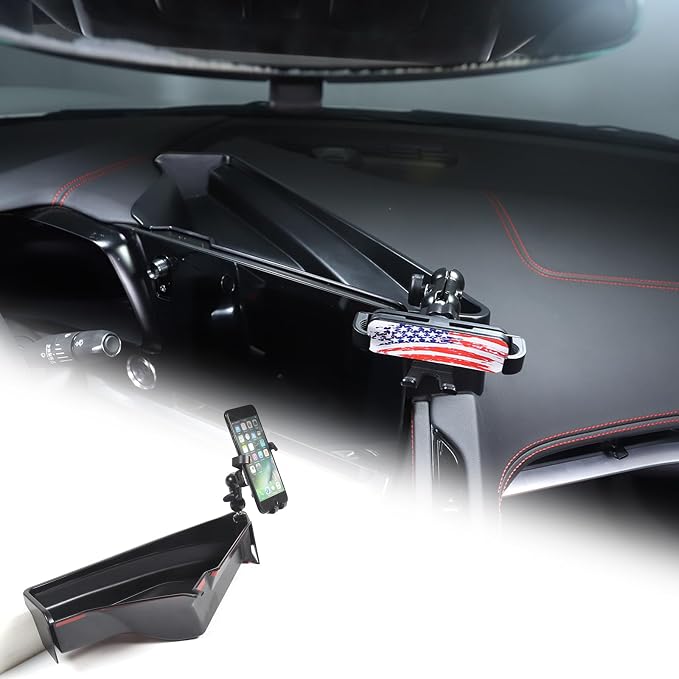 TOYCIDFG Dashboard Storage Tray Behind Navigation Screen with Phone Holder for Corvette C8 Stingray 2020-2026, Center Console Car Organizer Tray Interior Accessories (US Flag Pattern)