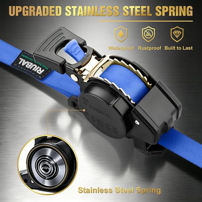 Retractable Ratchet Straps (4-Pack) - 1 Inch x 15 Feet (1,764lb Break Strength) - Auto Self Retracting Tie Down Straps Heavy Duty for Motorcycle, ATV, UTV, Truck, Cargo Trailer – Blue