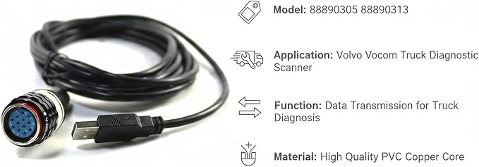 88890305 88890300 88894000 USB Cable for Volvo Vocom Diagnostic Adapter Tool, Scanner Cable Replacement for Truck & Excavator ECU Connection