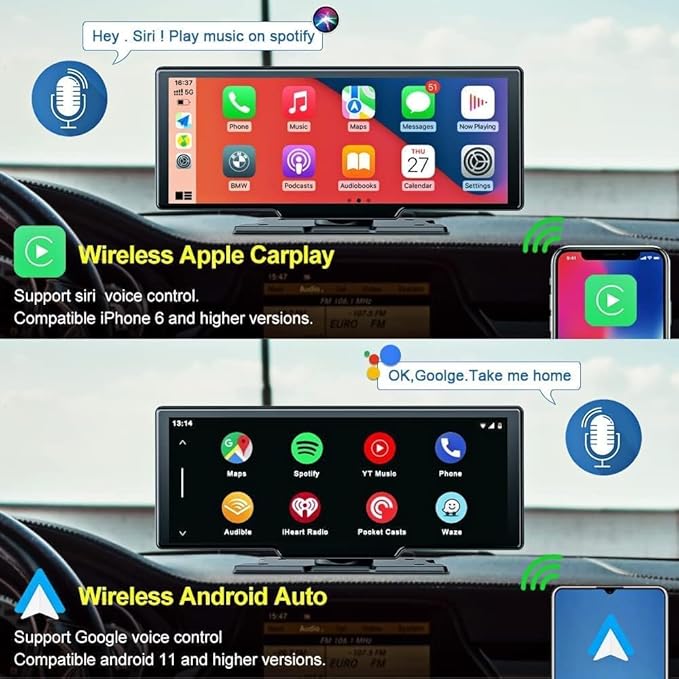10.26" Wireless Apple CarPlay Screen for Car with Dash Cam, Portable Android Auto Display, Bluetooth/AUX/FM Audio, Voice Control, Plug & Play Dashboard Mount