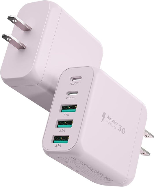 EIZLXQ USB C Charger Block, [2-Pack] Type C Charger Fast Charging,50W 5-Port USB Wall Charger Multiport Type C Charging Block Cube for iPhone 17/16/15/14/13/12/11 Pro Max XS,iPad,Samsung&More-Pink