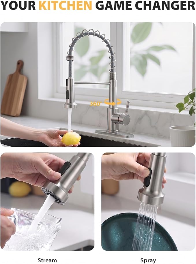 Hiqufet Kitchen Faucet with Pull Down Sprayer, High Arc Single Handle Kitchen Sink Faucet for Pot Filler, Single Hole Single Handle Stainless Steel Bar Sink Faucets