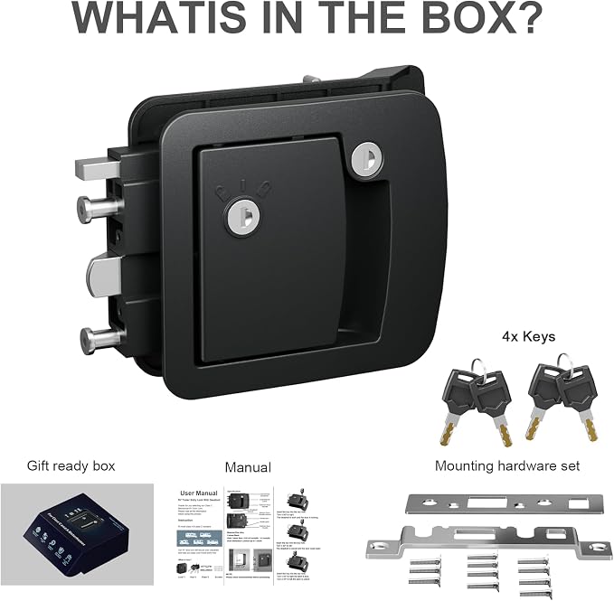 All-Metal RV Door Lock Replacement, Black Motorhome Door Latch Lock Fits 4.25" x 4.50" Opening for Class A and Class C RVs, Includes 4 Keys