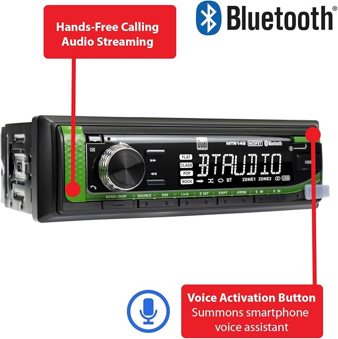 Dual Electronics TRCAT14G Caterpillar Tractor Radio | 7-Character LCD | Weatherproof | Built-in Bluetooth | USB Port | Fits Loader + Dozer Tractors | Plug N Play Wiring Harness with Headphone Jack