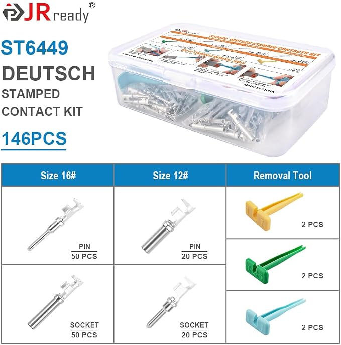 JRready ST6449 Deutsch Stamped Pin Kit 146PCS, Size 12 16 Open Barrel Contacts 18-12AWG w/Pin Removal Tool, for DT, DTP, DRC, DTV, AEC,Strike Series