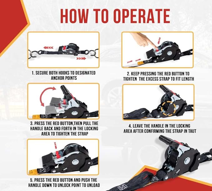 Mytee Products 4 Auto Retract NO-RATCHETING Ratchet Straps | 1" x 12' Retractable Ratchet Straps with Coated S Hook Tiedowns for Motorcycles, ATVs, Bikes: Tight & Secure Pickup Trailer Tie-Down