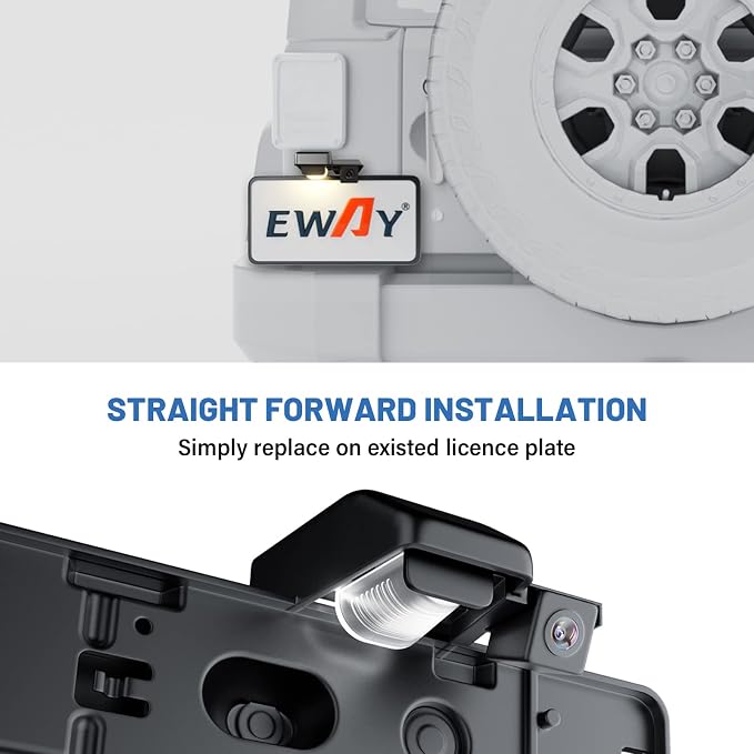 EWAY 4.3" LCD Mirror Monitor License Plate Mount Backup Reverse Camera for Jeep Wrangler JK JKU 2007-2018 Rear View Cameras, Rearview Reversing Interior Mirror Replacement