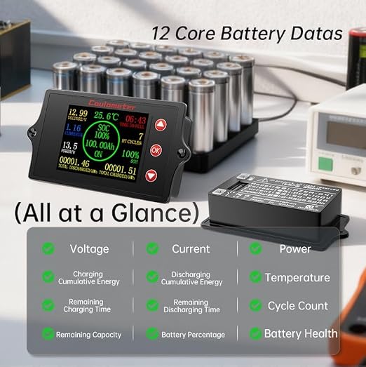 RQG New 100A Battery Monitor with Shunt,8-100V 2 Inch Color Screen Shunt Monitor,High Precision TFT Color Screen Coulometer for Car RV Golf Cart Solar Panel,Multi Functional Battery Monitor Meter