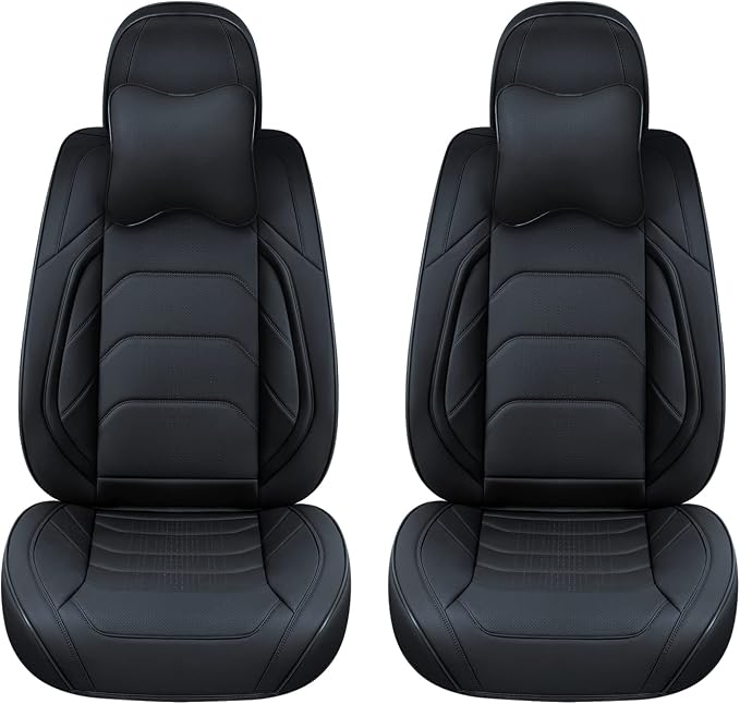 TIEHESYT Black Car Seat Covers Front Pair, Breathable Leather Automotive Front Seat Covers & Headrest for Comfortable Driving, Universal Auto Interior Fit for Most Kinds of Vehicles, SUV, Sedans