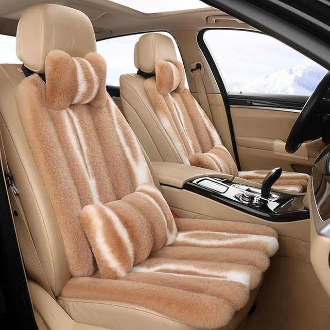 Faux Sheepskin Fur Car Seat Cover Full Set, Fluffy Cute Brown Car Seat Covers for Fuzzy Soft Auto Universal Plush Vehicle Seat Protector Pad Accessories Home and Office Chair