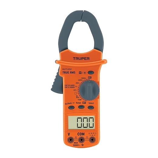 Truper Industrial Maintenance Digital Clamp Meter, Professional Multimeter with Hook Jaw, AC/DC Voltage, AC Current, Resistance, and Continuity Tester (Model 10404 / MUT-202)