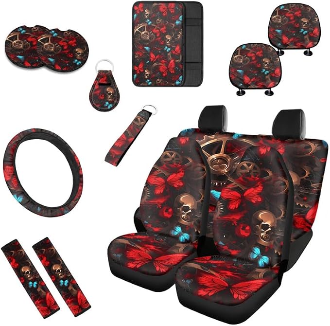Skull Butterfly Gothic Decor Car Seat Cover Full Set 13 Pcs Halloween Art Painting Front Back Seat Cover Steering Wheel Cover,Seatbelt Pad Keychain Coaster
