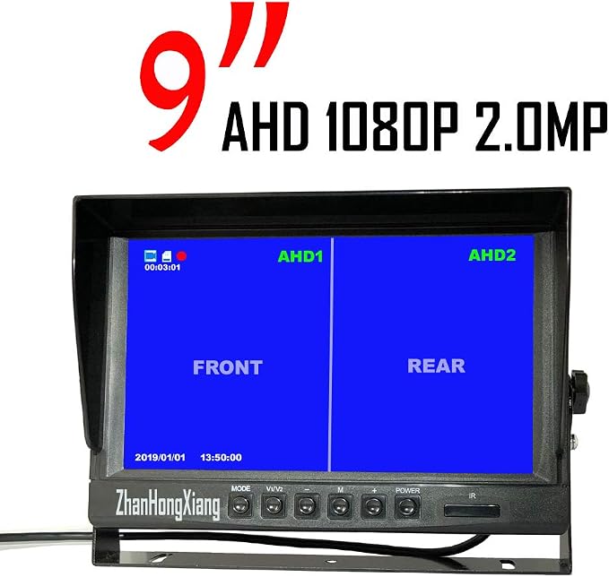 1080P RV Backup Camera Wired System,9 inch AHD 2-Split DVR Monitor Waterproof 8LED IR Night Vision Reverse Rear View Mirror Camera 12V-24V for Semi Bus Truck Trailer Camper