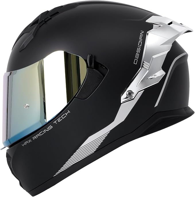 HAX Obsidian Dual Visor Full Face Motorcycle Helmet DOT/ECE 22.06 Approved, Pinlock & Bluetooth Ready, Aerodynamic Spoiler for Powersports Street Bike Racing, Unisex Adult (Matte Black Silver, L)