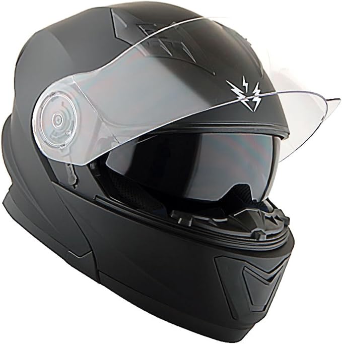 1Storm New Motorcycle Bike Modular Full Face Helmet Dual Visor Sun Shield with Rechargeable LED Tail Light: Matt Black