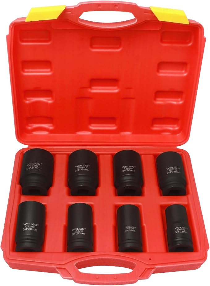 8-Piece 3/4” Drive Socket Sets with Case Metric 22, 24, 27, 30, 32, 36, 38, 41mm Deep Impact Socket Set