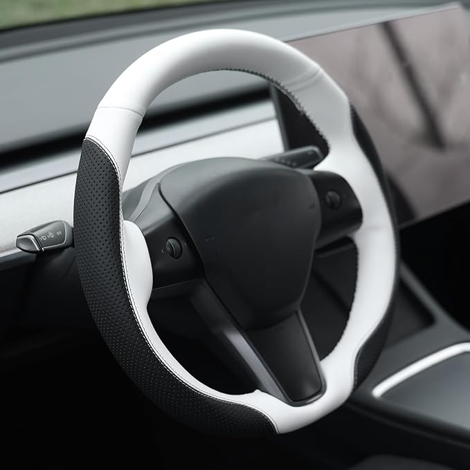 MEWANT Hand Stitched Steering Wheel Cover for Tesla Model 3 2017-2023 Model Y 2020-2023 Black White Microfiber Leather Custom Fit DIY Wrap Interior Accessories