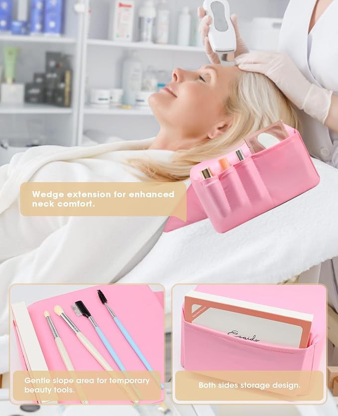 Onism 23'' Extra Wide Lash Pillow for Eyelash Extensions, Waterproof PU Leather Memory Foam Neck Support, Ergonomic Salon Grafting Headrest with Side Organizers, Pink