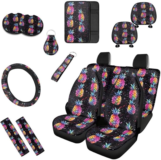 Starry Night Pineapple Hand Drawing Car Seat Cover Full Set Universal Starry Sky Fruit 13 Pcs for Front and Back Seat Cover Keychains for Trucks Sedan SUV