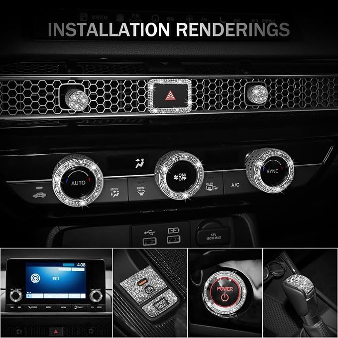 for Honda CRV CR-V EX LX Hybrid Sport Bling Cute Accessories Accessory 2025 2024 2023, AC Volume Knobs, Air Vent Outlet, Gear Shift Cover, Start Stop Push Button Ring Covers, Chrome, Silver, 14pcs