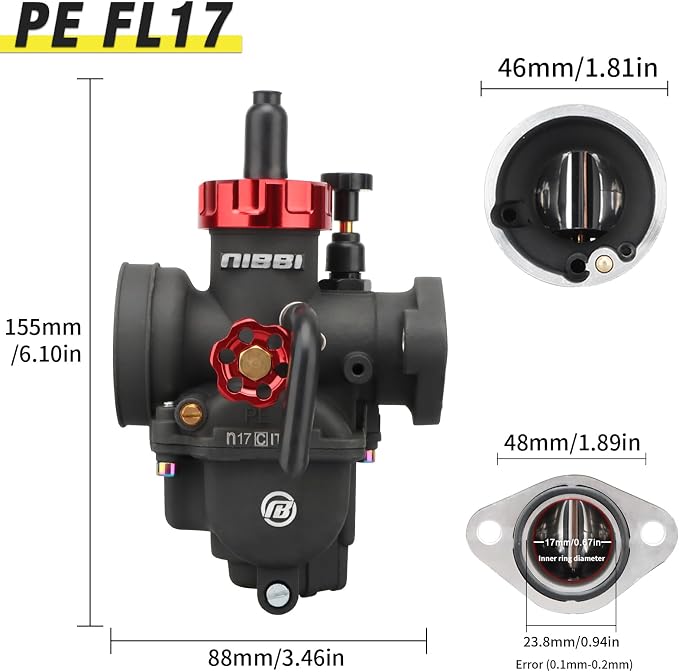 NIBBI 17mm Carburetor with CNC 48mm Air Filter kit,PE17FL Carburetor fit for 110cc Pit Bike,Upgrade for SSR110cc Apollo110cc X-PRO110cc