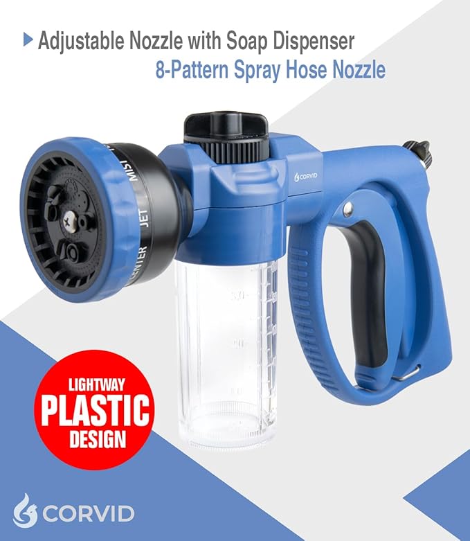 Corvid Adjustable Nozzle with Soap Dispenser, 8-Pattern Spray Hose Nozzle for Cleaning Cars, House, and Pets - Lightweight Plastic Design