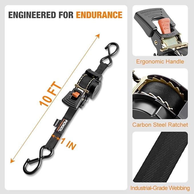 Retractable Ratchet Straps (4-Pack) - 1 Inch x 10 Feet (1,764lb Break Strength) - Heavy Duty Auto Self Retracting Tie Down Straps for Truck, Cargo Trailer, Motorcycle, ATV, UTV - Black