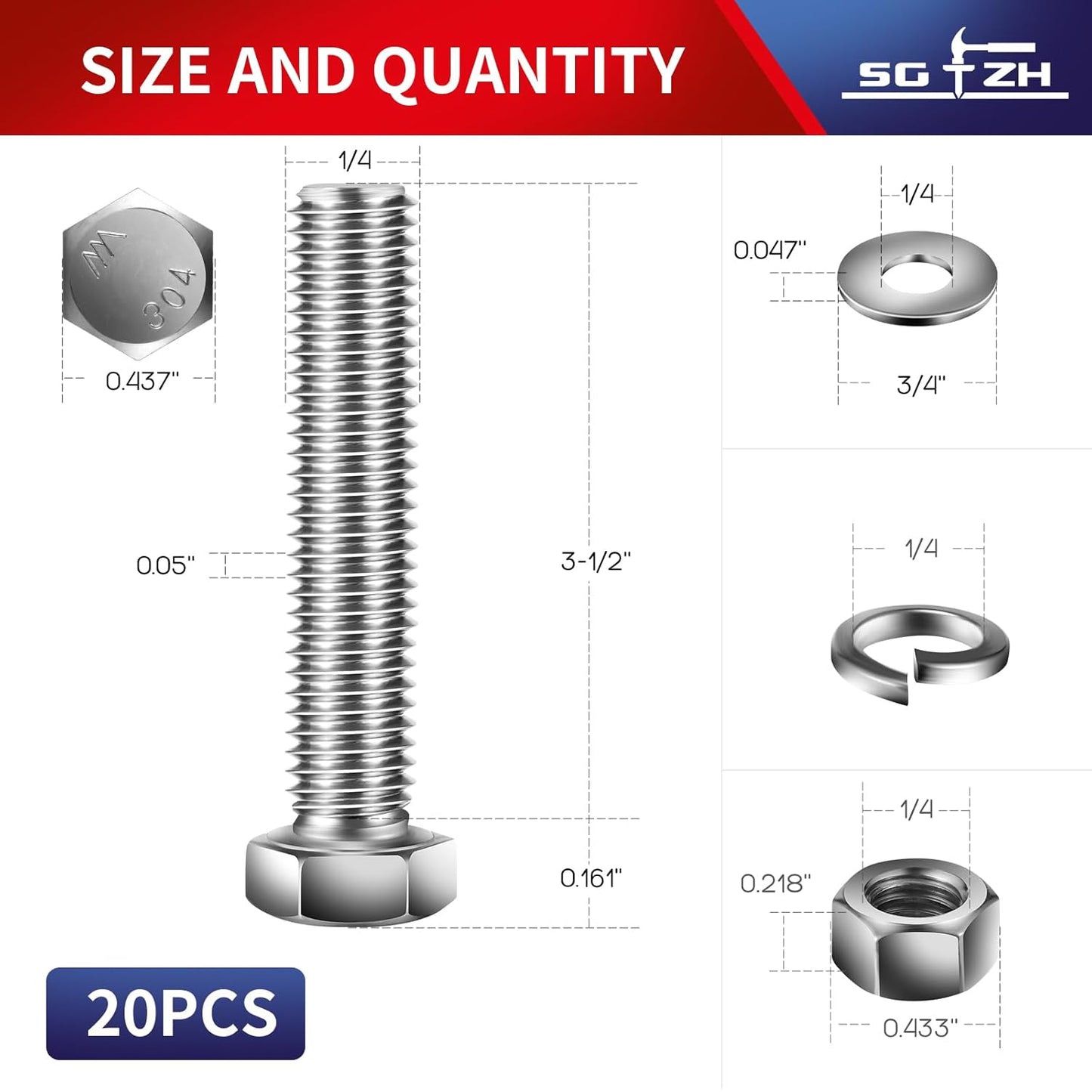 1/4-20 x 3-1/2" Hex Head Screw Bolt, Nuts, Flat & Lock Washers, 20Pcs 18-8 (304) Stainless Steel, Fully Threaded, by SG TZH