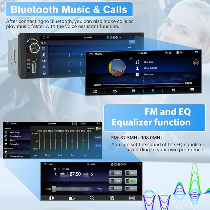 Single Din Car Stereo, 6.36 Inch CarPlay & Android Auto HD IPS Touchscreen Radio with Bluetooth with Backup Camera, Support USB Type-C Charging/USB/Microphone/FM/EQ