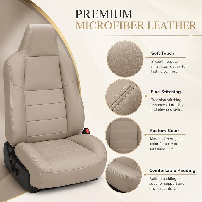 NLQR Medium Parchment Tan Leather Driver & Passenger Side Bottom & Top Lean Back Replacement Microfiber LeatherSeat Covers fit for Ford F250 F350 F450 F550 Lariat 2002-2007 & Excursion 2002-2005