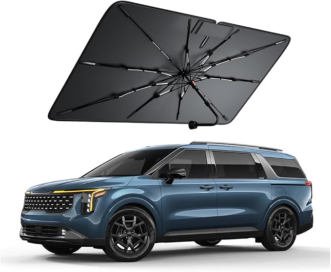Windshield Sun Shade for Kia Carnival 2022–2026, Foldable Umbrella Sunshade with 100% UV Block, Multi-Layer Heat Insulation, Reinforced 10-Rib Frame, Keeps Car Cooler, Summer Car Accessory