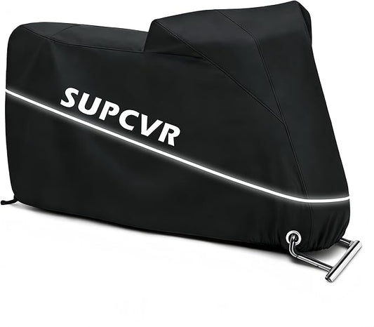 Motorcycle Cover 600D Heavy Duty Waterproof Outdoor All Season Protection Durable Rain UV Windproof Elastic Hem Storage Bag&Night Reflective Vehicle Covers Fit up to 104" Motorcycles