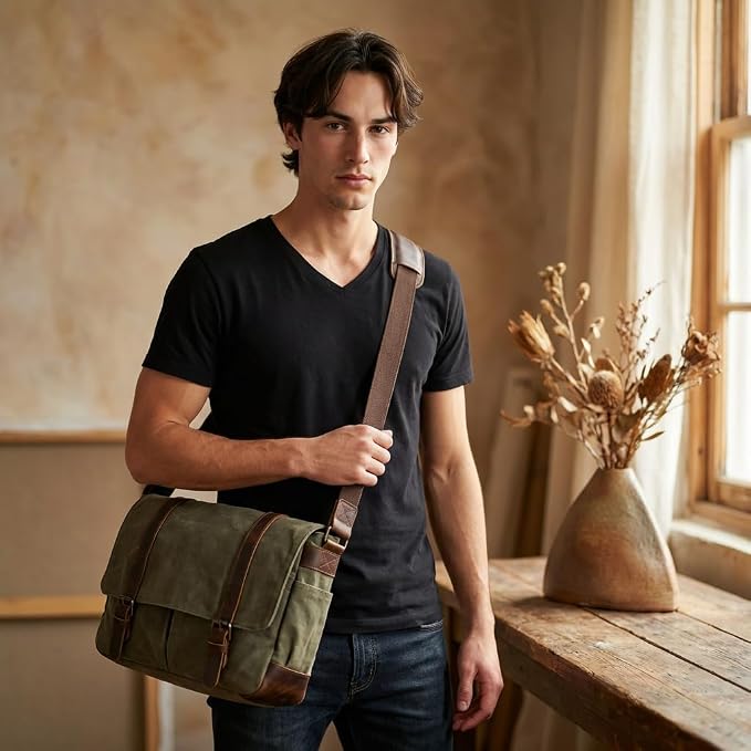 Vintage Genuine Leather Waxed Canvas Briefcase Large Satchel Shoulder Bag Rugged Computer 15.6" Laptop Bag
