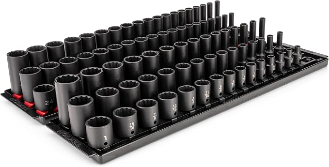 TEKTON 3/8 Inch Drive Shallow, Semi-Deep, and Deep 12-Point Impact Socket Set with Rails and Trays, 102-Piece (1/4-1 in., 6-24 mm) | SID91221