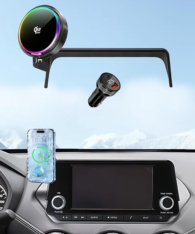 Qi2.2 25W Magnetic Car Mount Charger for 2020-2025 Nissan Sentra / 2021-2024 Altima Accessories, for Fast Charging Cell Phone Holder 7 Inch Screen Fixed Clip with Cooling Fan＆54W Fast Adapter