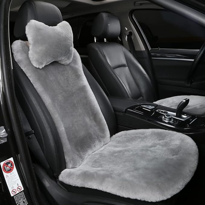 OGLAND Shearling Sheepskin Car Seat Cover, Fluffy Fuzzy Soft Fur Auto Seat Cover for Universal Comy Seat Cushion Accessories Automobiles (3 Pack Front, Misty Gray)