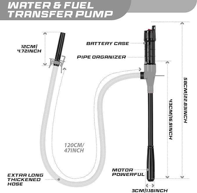 Transfer Pump Battery Operated Electric Siphon Pump for Gas, Fuel, Diesel, Water Transfer 2.4 GPM Flow Oil Extractor, 47 Inches Hose-Easy to Use Hand Fuel Pump, Multi-Use Siphon Transfer Pump(Grey)