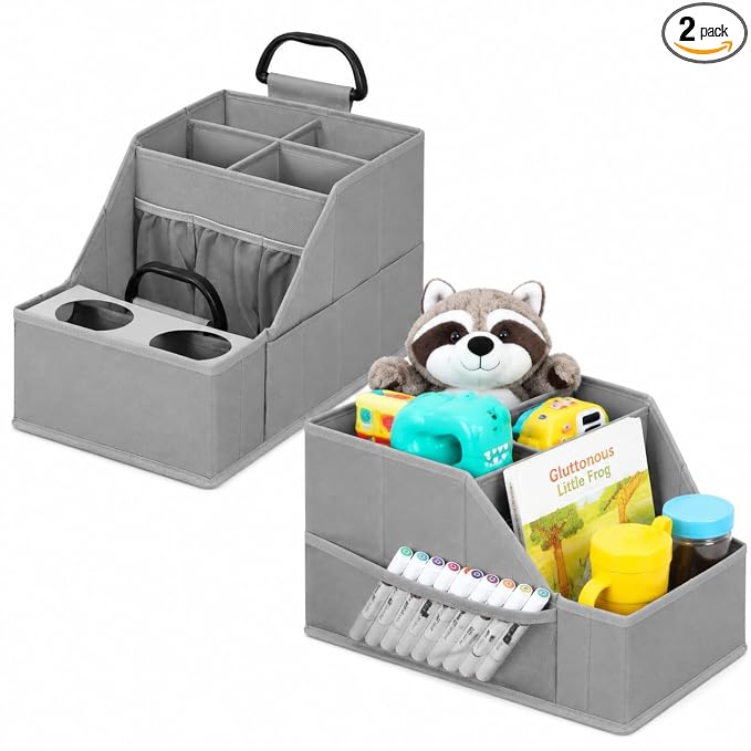 CROS 2 Pack Car Seat Organizer with Metal-Reinforced Cup Holders, 12 Storage Compartments Backseat Car Organizer, Travel Essentials for Kids Toys & Snacks, Non-Slip Seat Storage for SUV, Truck, Gray